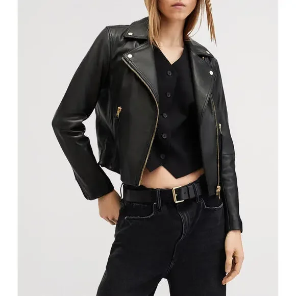AllSaints Dalby Slim Fit Leather Biker Jacket Black/Gold - Picture 5 of 13